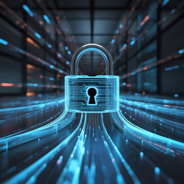 Padlock icon emerges from a stream of high speed data lines to visualize secure server infrastructure and information safety.