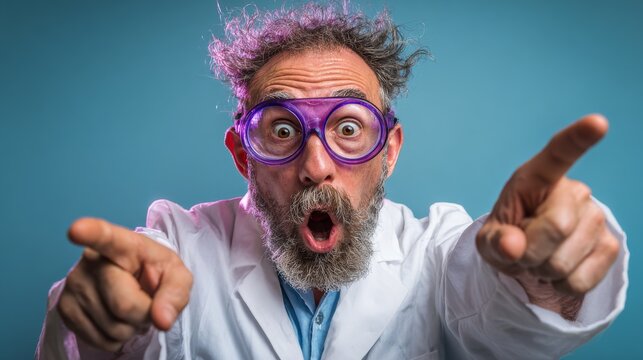 Crazy scientist pointing at camera, humorous science concept