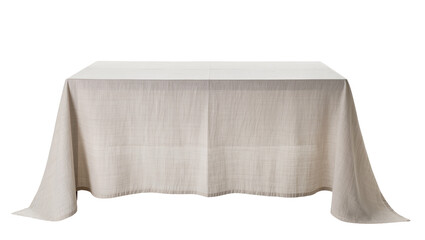 Rectangular table covered with a beige linen tablecloth, isolated on transparent background