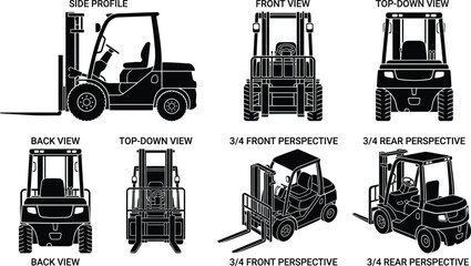 Forklift Silhouette Collection with Multiple Orthographic Views © Raheela