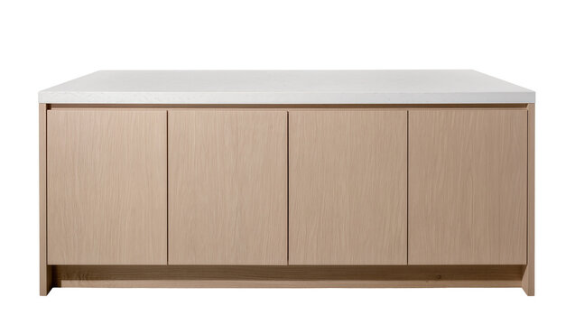 Modern light wood cabinet with white countertop, isolated on transparent background