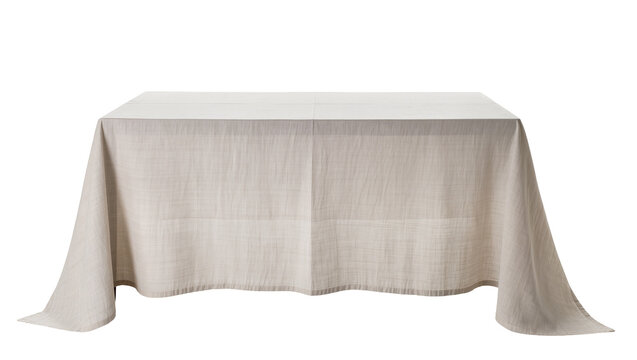 Rectangular table covered with a beige linen tablecloth, isolated on transparent background