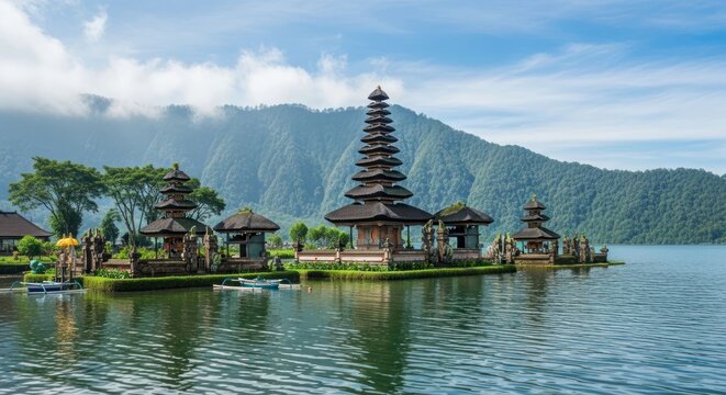 Picturesque Ulun Danu Beratan Temple A Serene Oasis in Balis Highlands.
