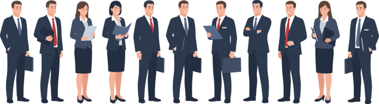 Business professionals in formal suits holding briefcases and documents representing corporate teamwork vector illustration