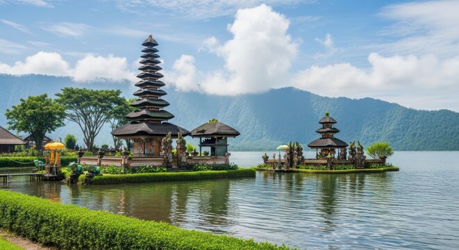 Picturesque Ulun Danu Beratan Temple in Bali Indonesia A serene landscape.