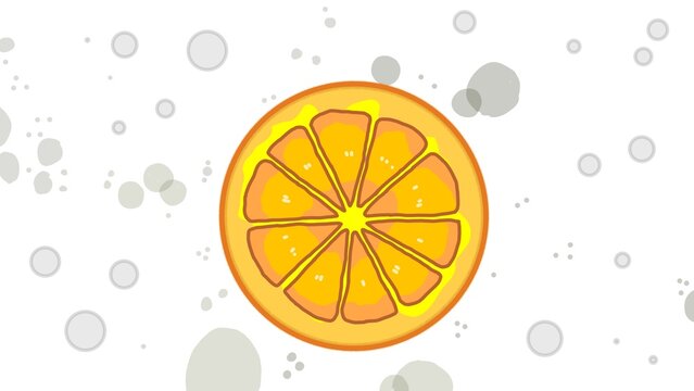 Hand-drawn orange slice illustration on abstract background. Stylized citrus fruit vector with gray bokeh for design.