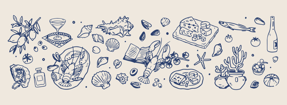 Seafood and ocean shells vector pattern, hand drawn marine life line art, coastal crustacean and mollusk drawing, nautical summer beach theme design, fish and shellfish sketch elements, underwater nat