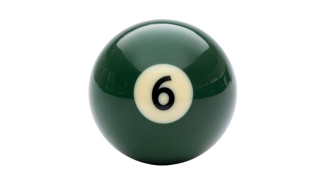 Dark green billiard ball with number six, isolated on transparent background