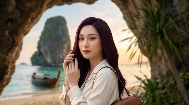 Young Asian woman with purple hair posing on a tropical beach at sunset, framed by a rock archway with a longtail boat in the background.