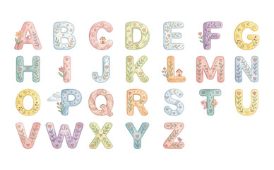 Obraz premium Watercolor Decorative Alphabet Clipart Set — A to Z Cute Floral Botanical Letter Illustration