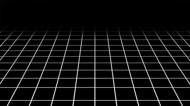 3D infinite floor grid line looping animation background in 4K, futuristic white grid on black surface, seamless motion graphic for technology, digital editing, sci fi and virtual space scenes