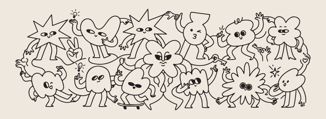 Funky doodle characters vector pattern, hand drawn funny monster illustration, cute weird creatures line art, playful cartoon character drawing elements, unique artistic street art graphics, expressiv © Geetaroy