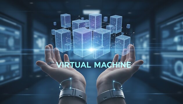 Hands holding virtual machine cubes in a futuristic digital environment, representing technology and innovation.