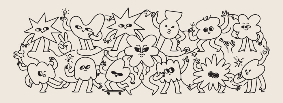 Funky doodle characters vector pattern, hand drawn funny monster illustration, cute weird creatures line art, playful cartoon character drawing elements, unique artistic street art graphics, expressiv
