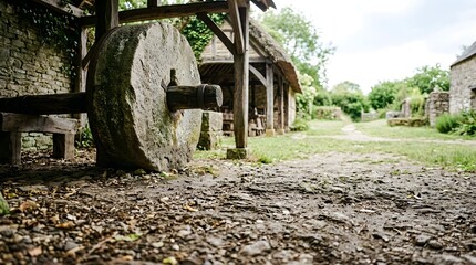 Obraz premium Traditional millstone with wooden axle sits in historic village setting with thatched roof cottages and stone path showing vintage agricultural methods and rustic countryside lifestyle charm.