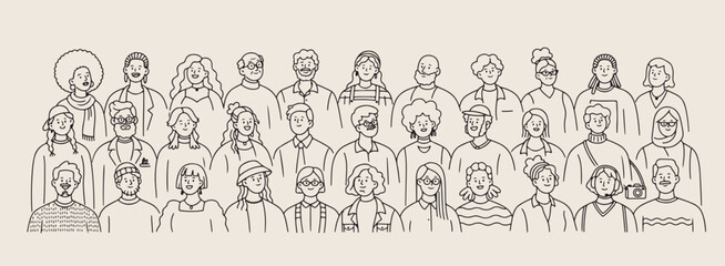 Fototapeta premium Diverse crowd people line art vector, hand drawn community portrait illustration, multicultural group of people sketch, social connection human figures drawing, collective society group line art, mode