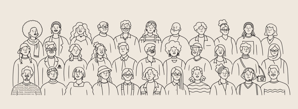 Diverse crowd people line art vector, hand drawn community portrait illustration, multicultural group of people sketch, social connection human figures drawing, collective society group line art, mode