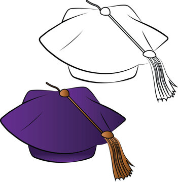 purple doctoral tam top view vector illustration. Mortarboard front view vector. .Doctoral tam drawing outline vector illustration. Drawing of a mortarboard.