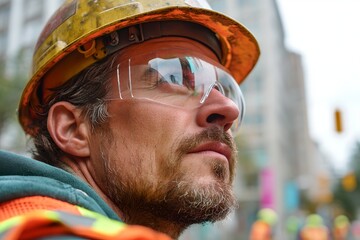 Fototapeta premium A determined construction worker wearing a safety helmet and glasses