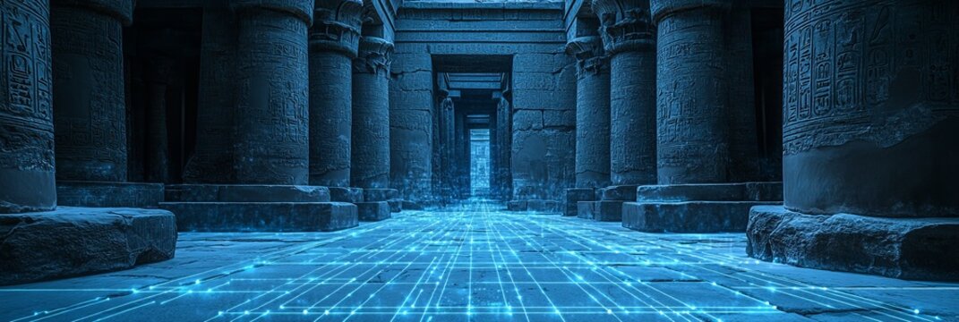 Luxor Temple Corridor with Digital Network Accents Connecting Ancient and Modern Worlds
