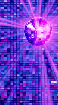 disco ball pink blue on light wall rotating animation, 3d music party night and concert vertical social media motion background