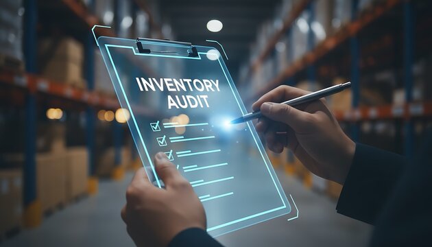 Person conducting a digital inventory audit in a warehouse using a futuristic transparent tablet with a stylus.
