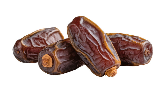 Group of four wrinkled brown dates, isolated on transparent background