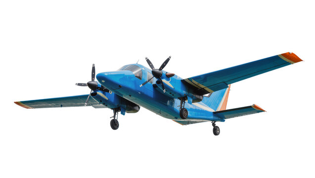 Blue twin-engine propeller aircraft with orange accents, isolated on transparent background