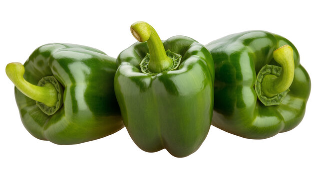 Three glossy green bell peppers with curved stems, isolated on transparent background