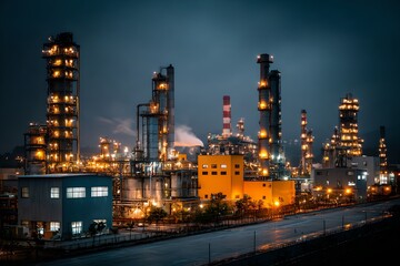 Fototapeta premium Illuminated industrial plant at night, with towering structures and bright lights