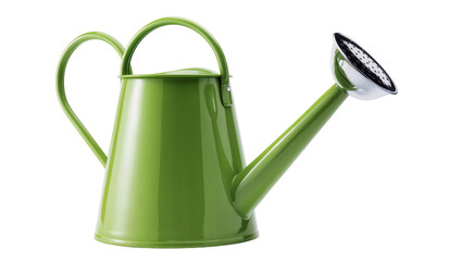 Shiny green metal watering can with silver sprinkler head, isolated on transparent background © PROSTOCK
