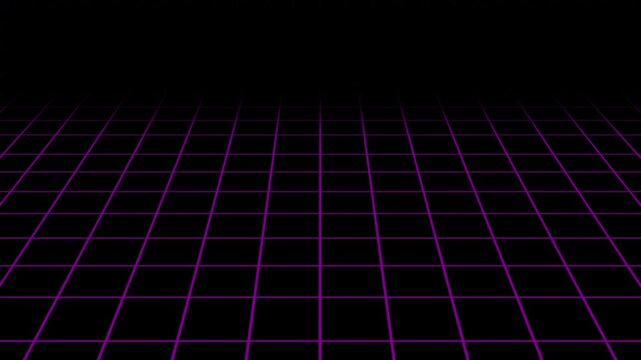 Seamless loop 3D infinite gradient grid floor animation in 4K, glowing perspective lines on black background, futuristic tech motion graphic for digital projects and editing