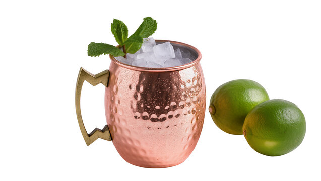 Hammered copper Moscow Mule mug with ice and mint garnish, two limes isolated on transparent background