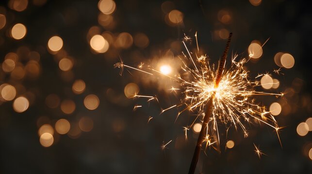 Sparkler with bright sparks on dark background with bokeh lights