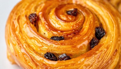 Fototapeta premium Golden Raisin Swirl Pastry Close-Up Macro Shot.