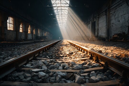 Sunlight streaks through an abandoned train station, highlighting the tracks