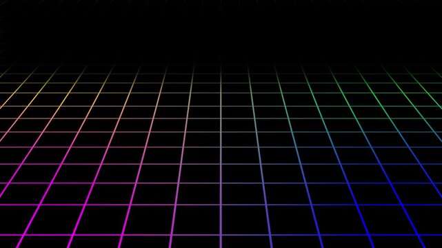 Infinite 3D gradient grid floor looping animation in 4K, perspective line motion graphic on black background, futuristic technology scene for editing, visuals and digital design