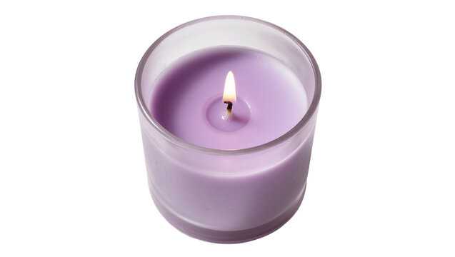 Lit lavender scented candle in a clear glass jar, isolated on transparent background