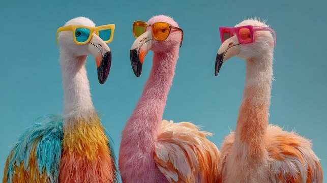 Three flamingos wearing colorful sunglasses against blue background