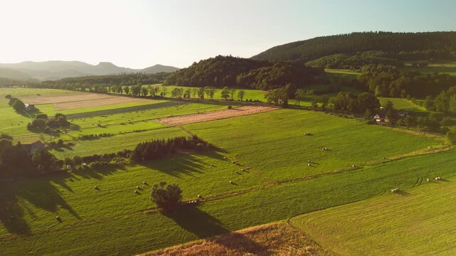Aerial Drone View of Agricultural Fields in Mountainous Lower Silesia at Sunset, Golden Hour Landscape