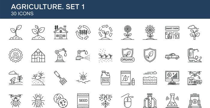Agriculture smart farming line icons set organic technology crop monitoring agritech outline vector symbols collection