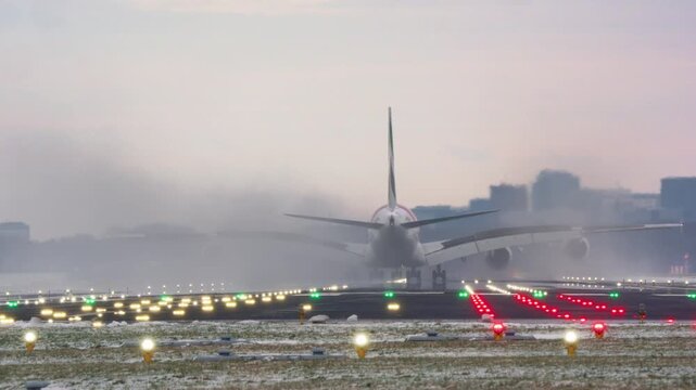 Slow motion of wide-body aircraft rolling after touchdown on wet runway at winter dusk, jet blast steam cloud billowing behind engines, runway light reflecting on wet surface
