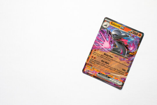 Bradford, UK April 16 2026 Close-up of a Salazzle ex Pok&eacute;mon TCG card on a white background with copy space. Clean, minimal composition emphasizing trading card design.