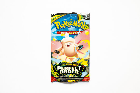 Bradford, UK April 16 2026 Pok&eacute;mon Perfect Order Trading Card Game booster pack  on a clean white background with copy space. Studio product-style shot highlighting retail packaging.