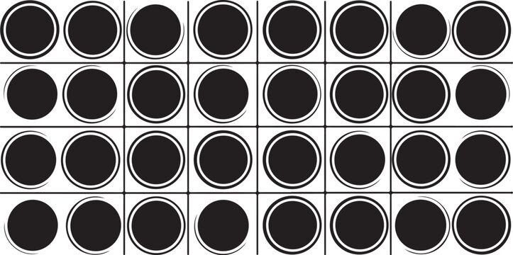 Black circle icons, 30 sticker labels, round shapes, grid pattern, white background, vector graphics