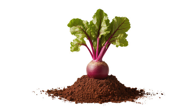 Fresh beetroot with green leaves growing from soil, isolated on transparent background