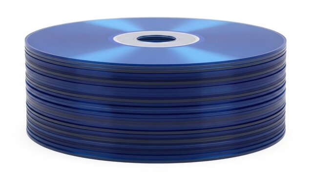 A tall stack of blue blu-ray discs isolated against a clean white background for media storage