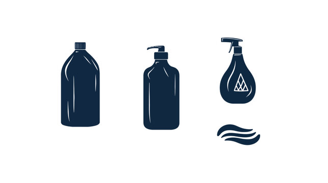 Silhouetted set of skincare or cleaning products including a large container, pump bottle, and sprayer