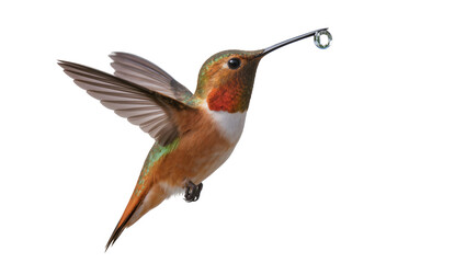 Fototapeta premium Rufous hummingbird with water droplet in beak, isolated on transparent background