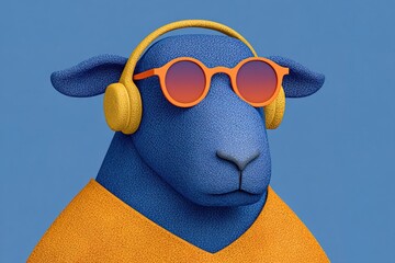 Fototapeta premium A blue sheep wears headphones and sunglasses while listening to music